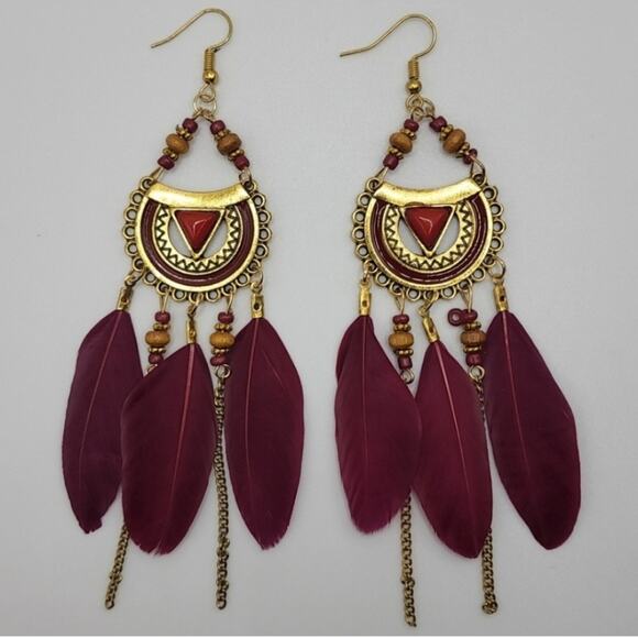 Free People Jewelry Red Boho Feather Earrings Poshmark